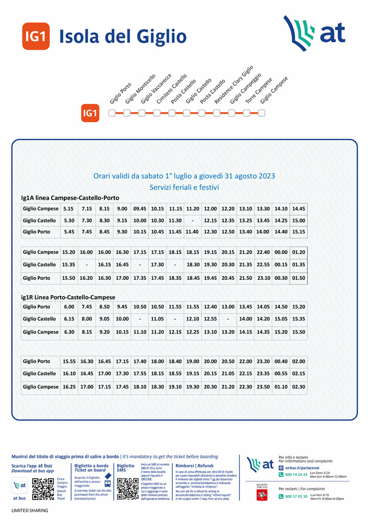 Orari Isola del Giglio dal 1 luglio al 31 agosto 2023
